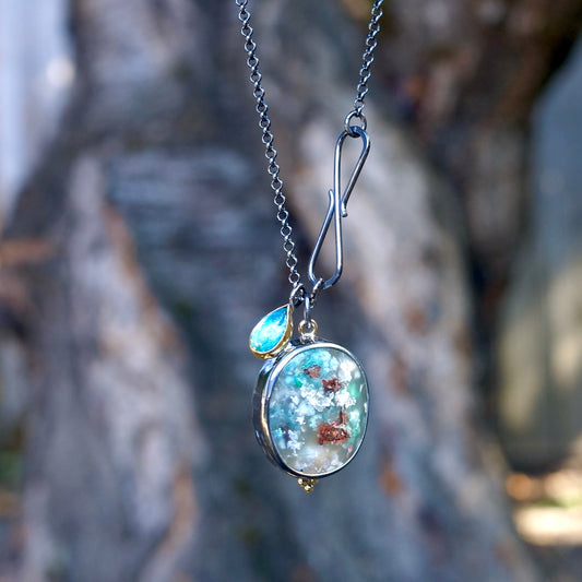 Chrysocolla copper and blue apatite charm necklace