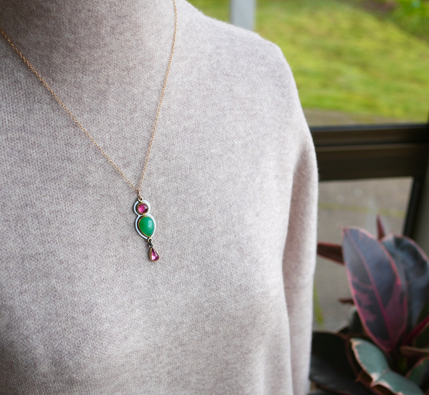 Australian chrysoprase and pink tourmaline pendant