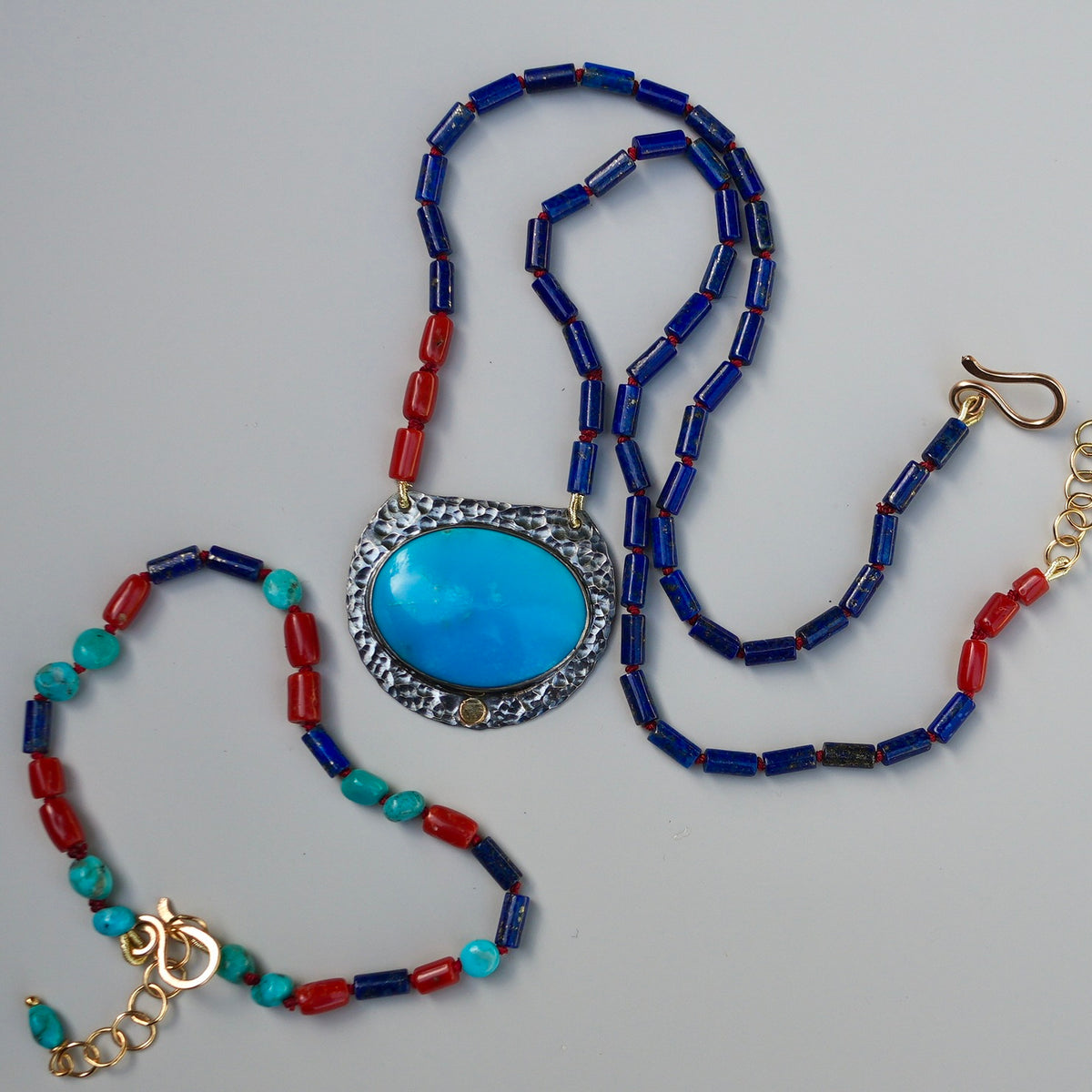Lapis, turquoise and coral silk-knotted bracelet