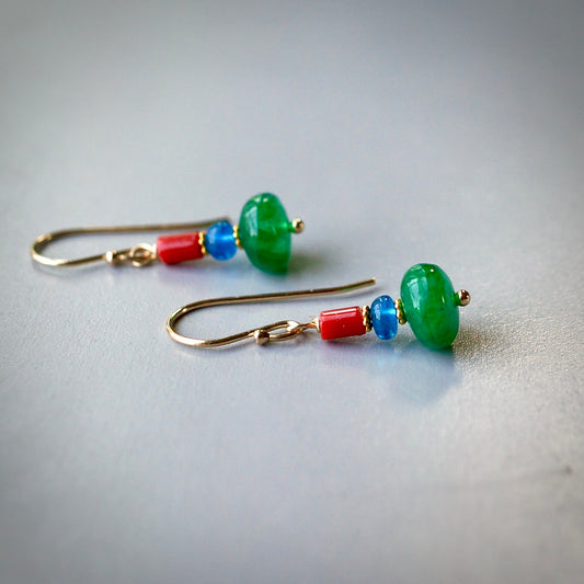 Solid gold emerald, apatite and coral  earrings