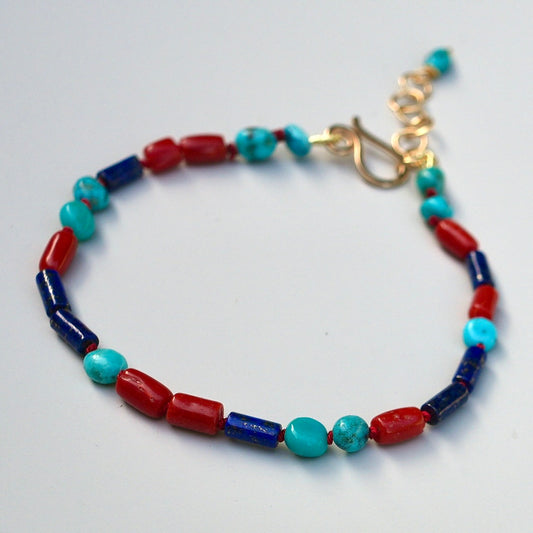 Lapis, turquoise and coral silk-knotted bracelet