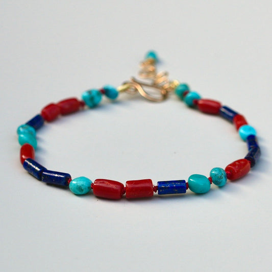 Lapis, turquoise and coral silk-knotted bracelet