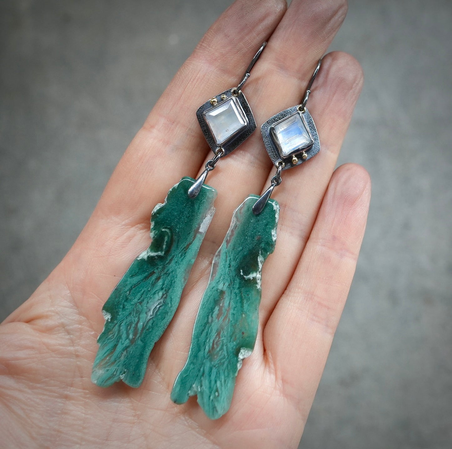 Rainbow moonstone and chrome chalcedony earrings