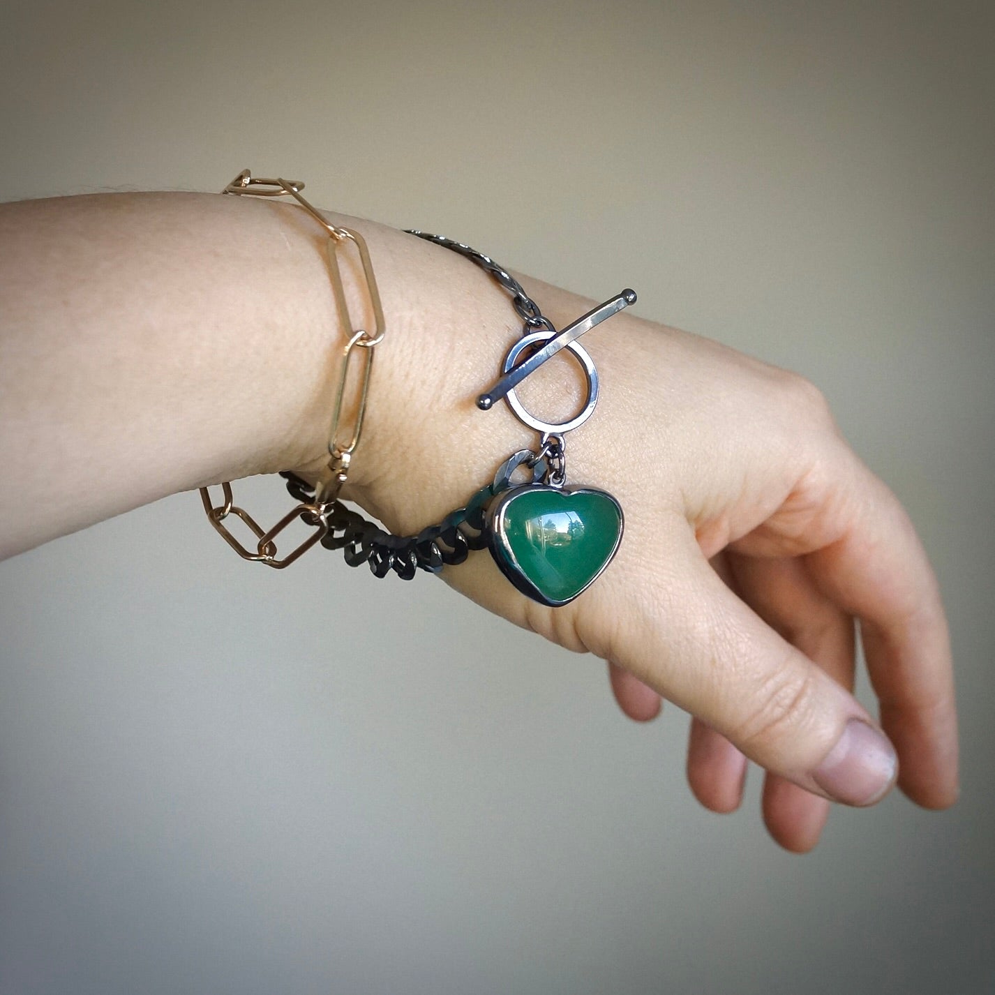 Chrysoprase heart charm bracelet