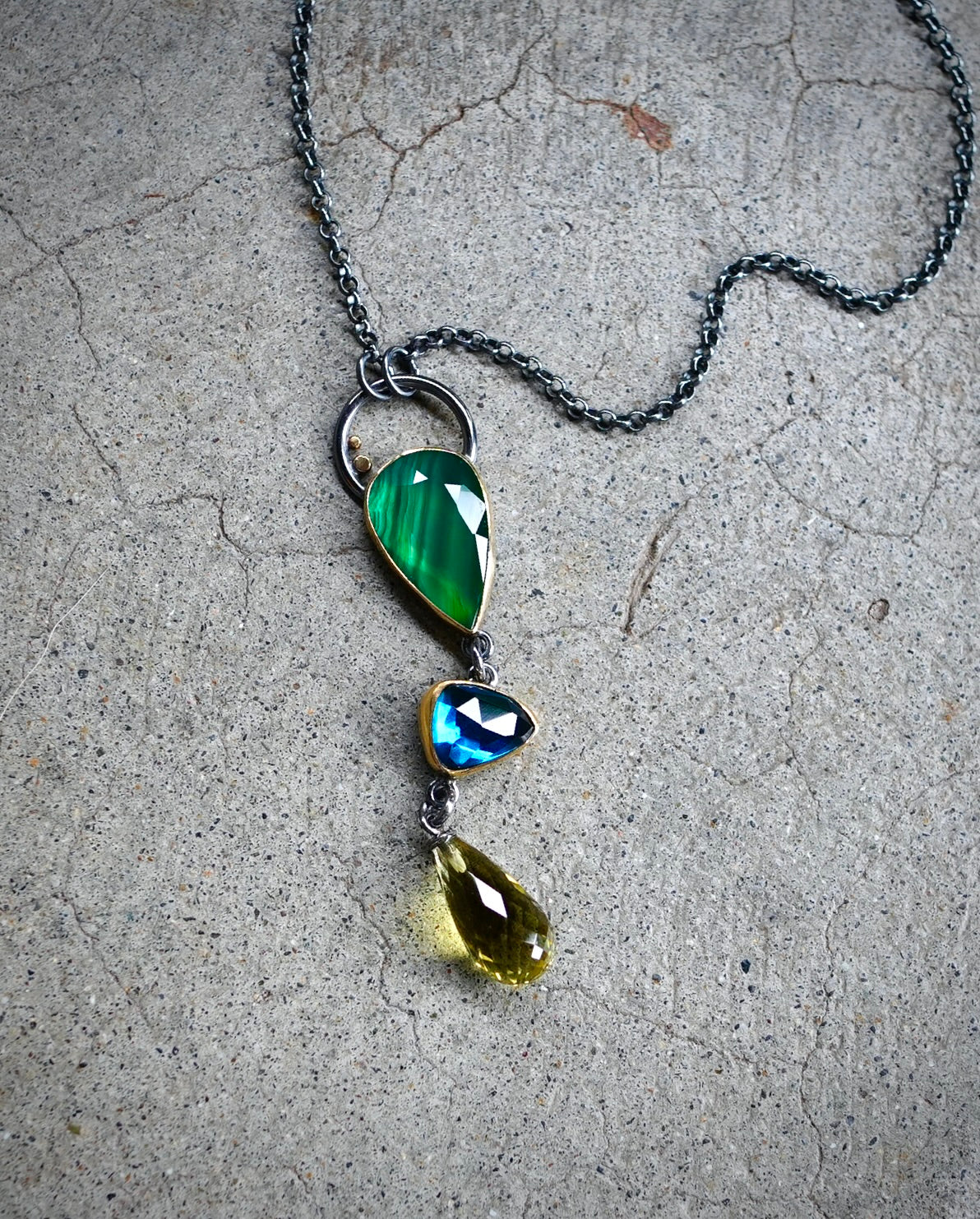 Natural green agate, London blue topaz and Lemon quartz necklace