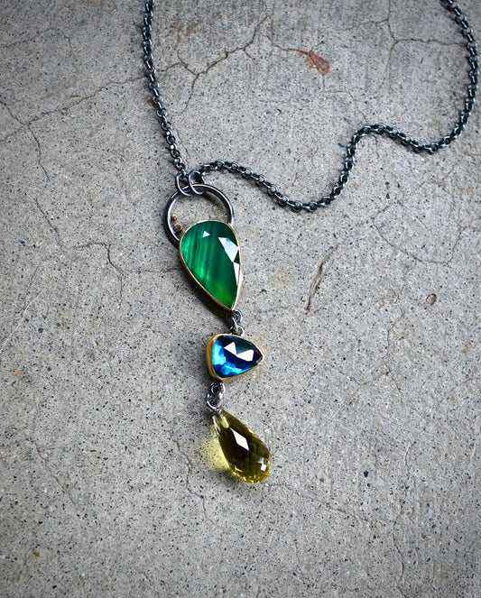 Natural green agate, London blue topaz and Lemon quartz necklace
