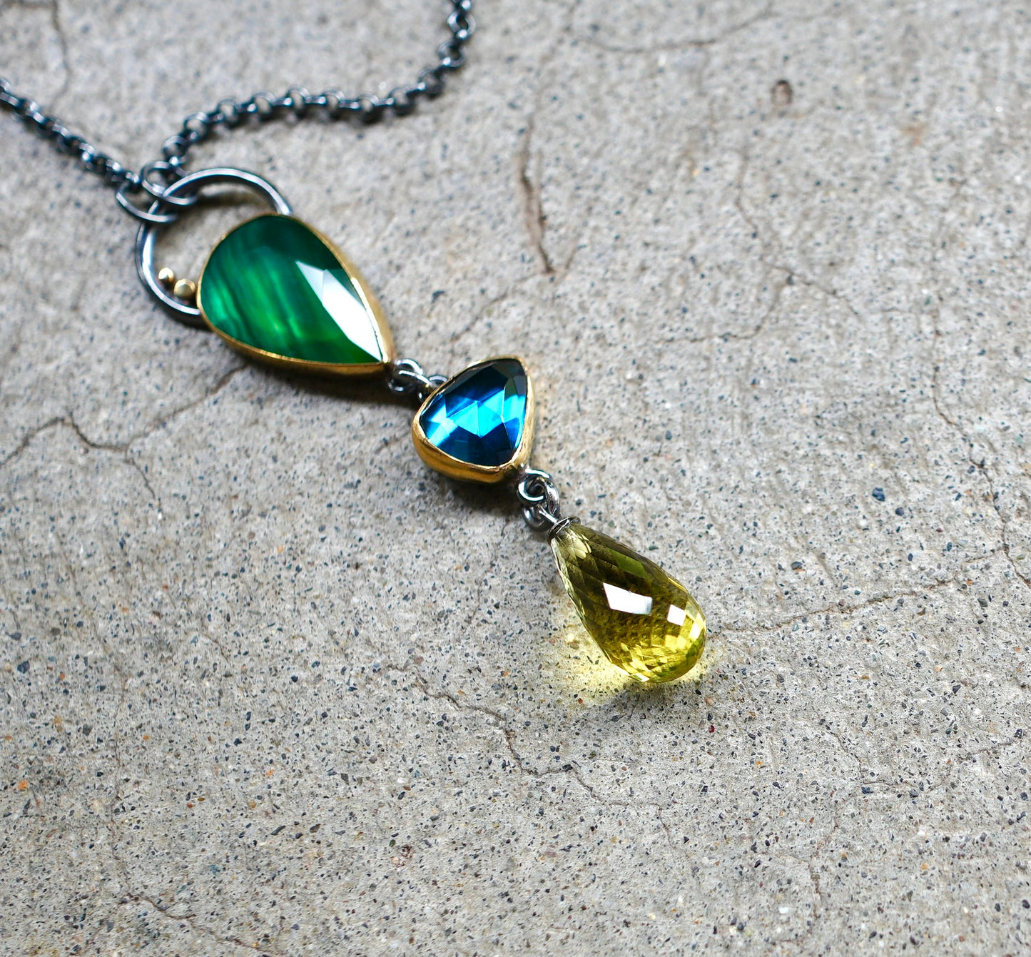 Natural green agate, London blue topaz and Lemon quartz necklace