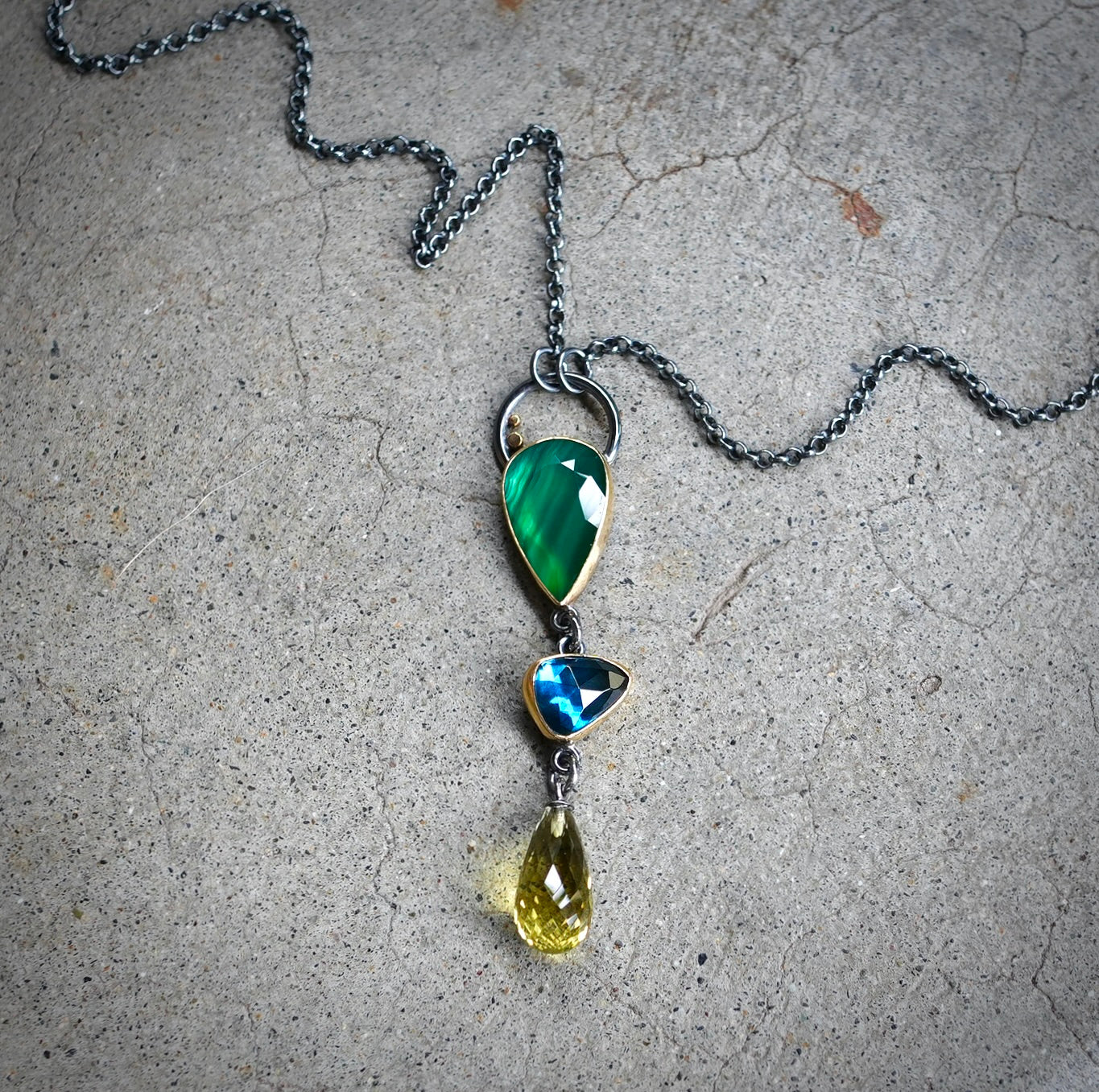 Natural green agate, London blue topaz and Lemon quartz necklace