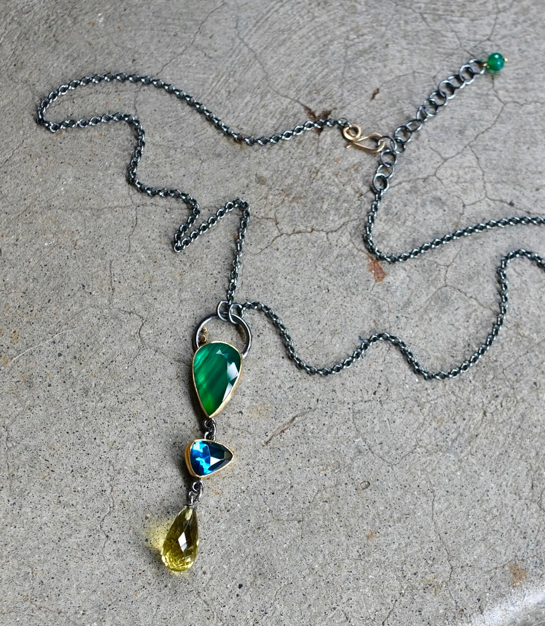 Natural green agate, London blue topaz and Lemon quartz necklace