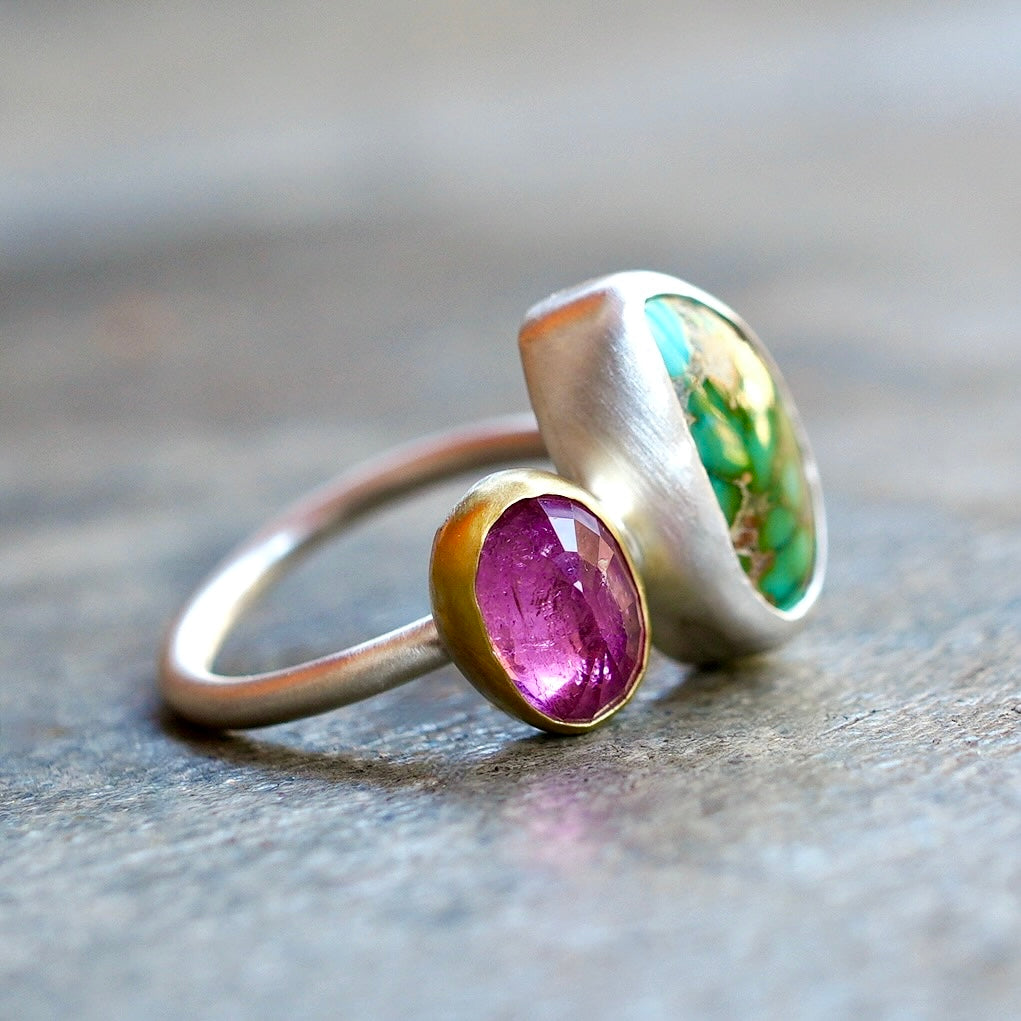 Lone Mountain turquoise and pink tourmaline ring