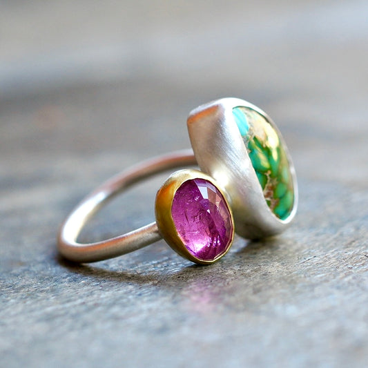 Lone Mountain turquoise and pink tourmaline ring