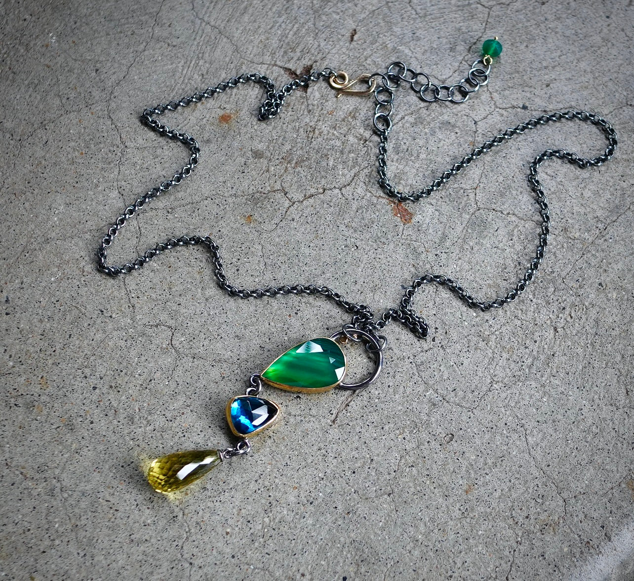 Natural green agate, London blue topaz and Lemon quartz necklace