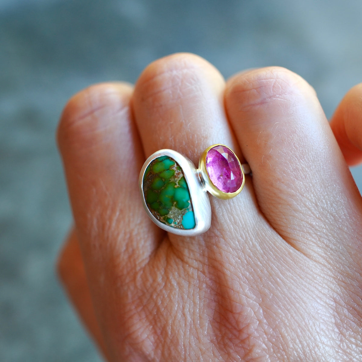 Lone Mountain turquoise and pink tourmaline ring