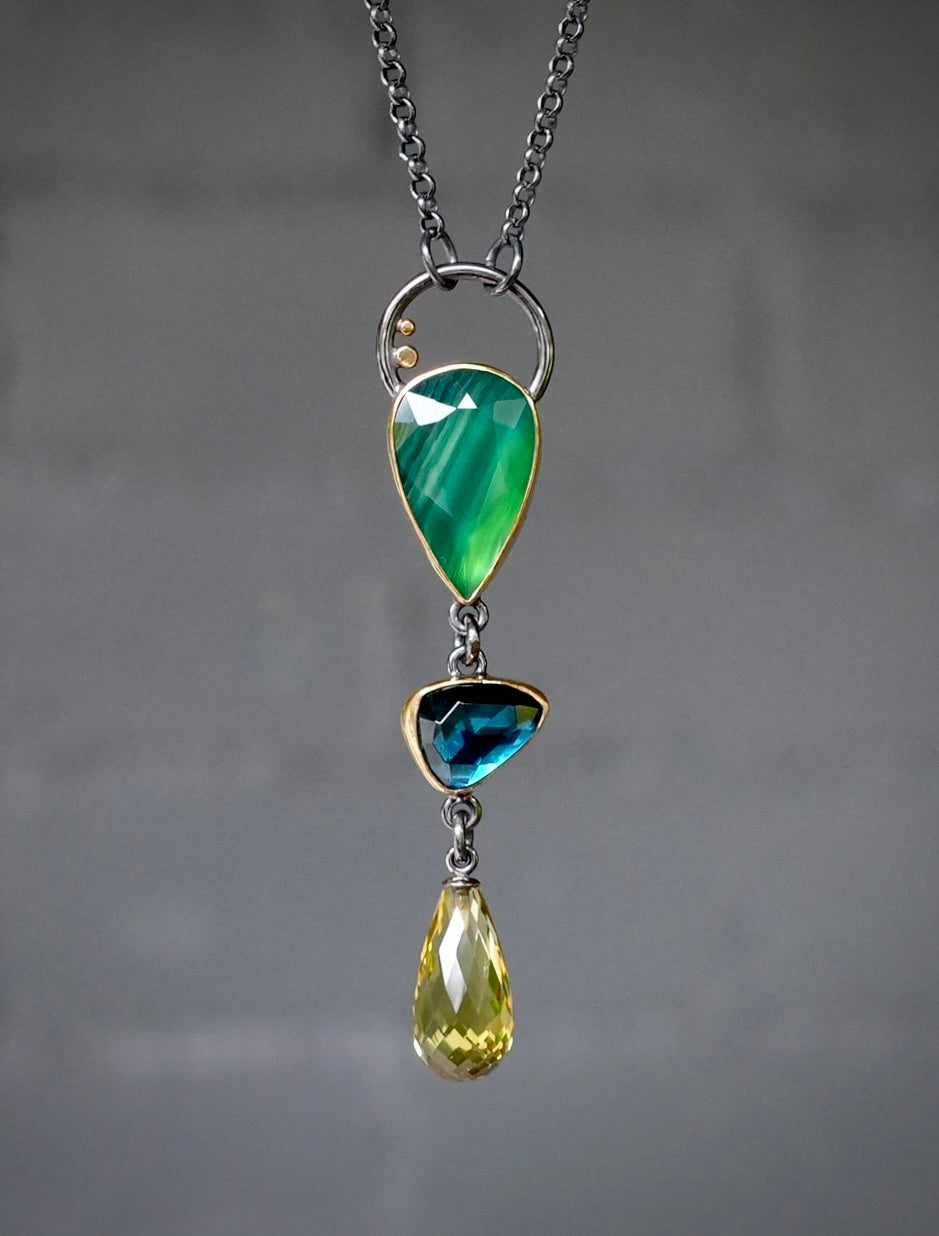 Natural green agate, London blue topaz and Lemon quartz necklace