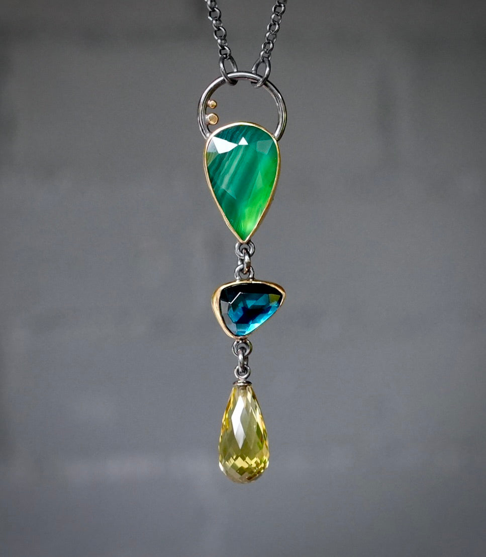 Natural green agate, London blue topaz and Lemon quartz necklace