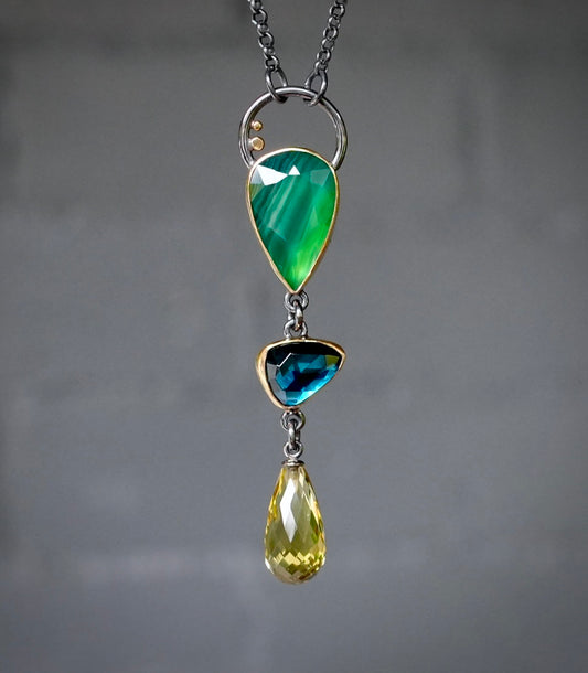 Natural green agate, London blue topaz and Lemon quartz necklace