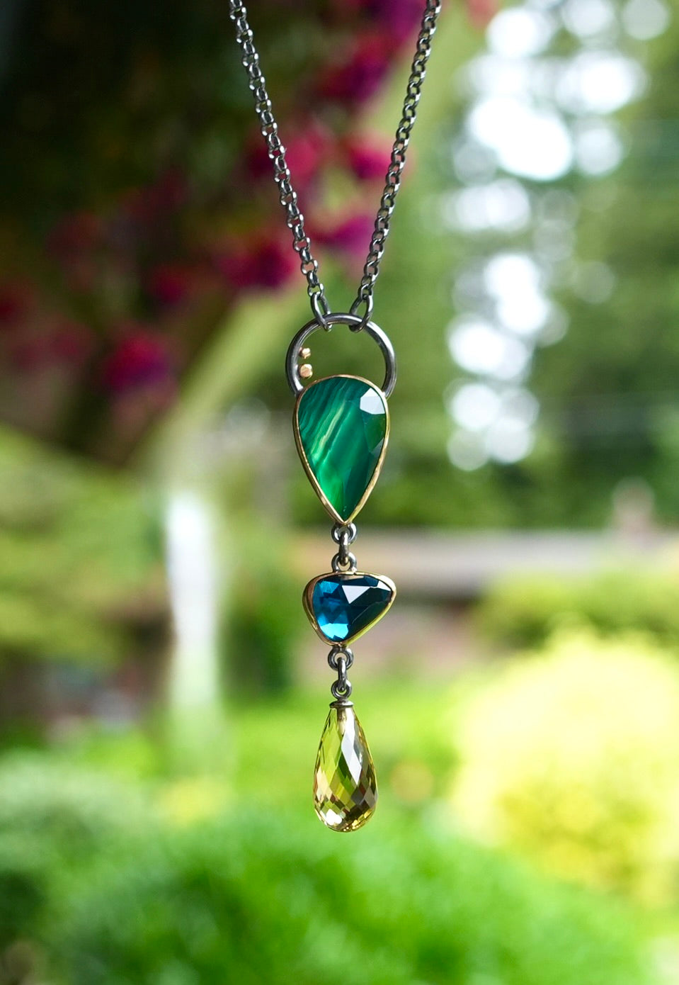 Natural green agate, London blue topaz and Lemon quartz necklace