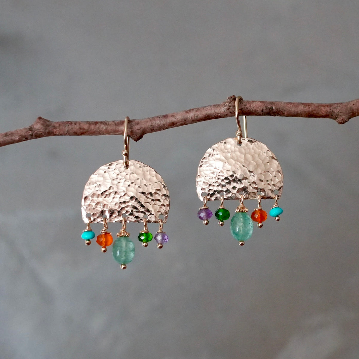 Multi-gemstone hammered gold earrings