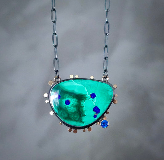 Malachite azurite and blue sapphire necklace