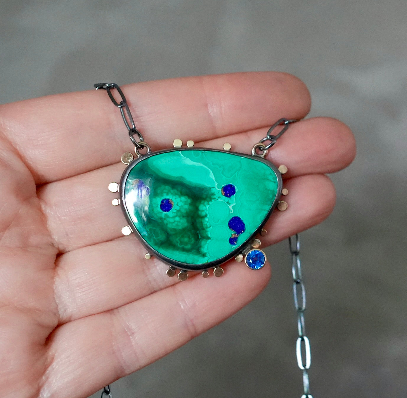 Malachite azurite and blue sapphire necklace