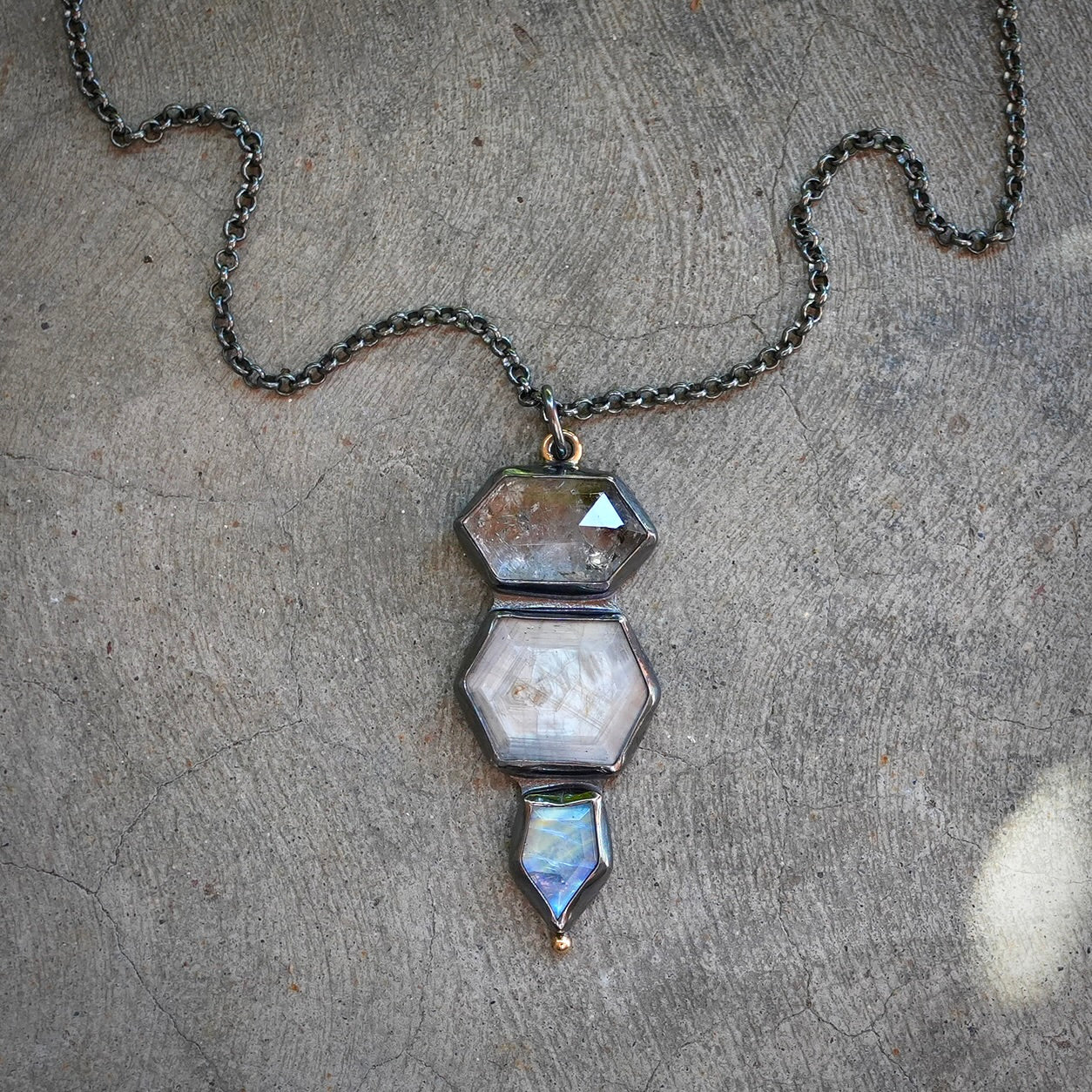 Herkimer diamond, silver sapphire and rainbow moonstone pendant