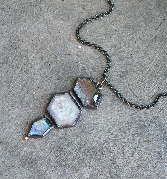 Herkimer diamond, silver sapphire and rainbow moonstone pendant