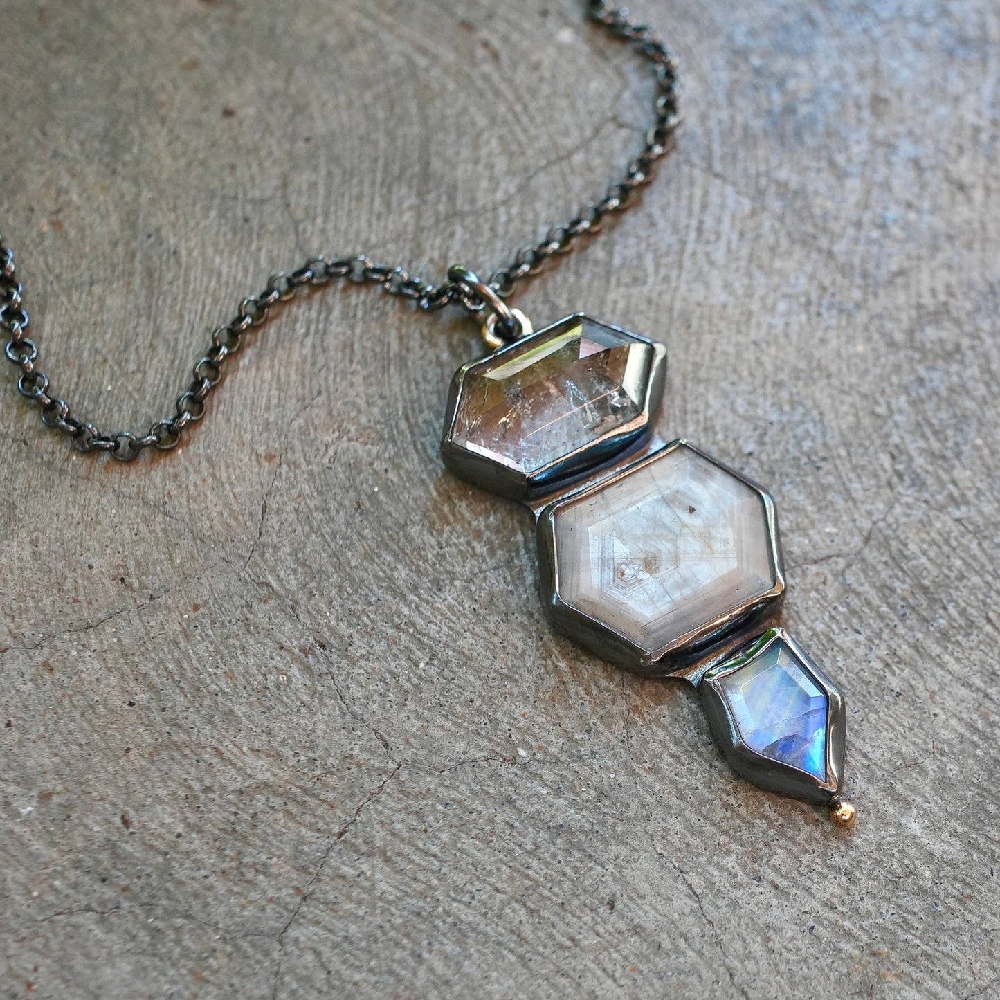 Herkimer diamond, silver sapphire and rainbow moonstone pendant
