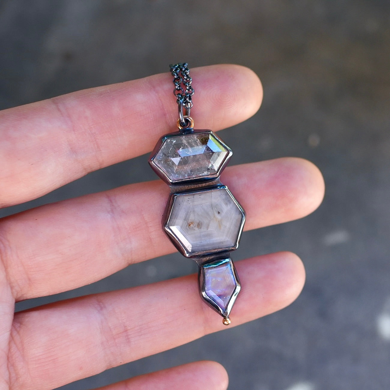 Herkimer diamond, silver sapphire and rainbow moonstone pendant