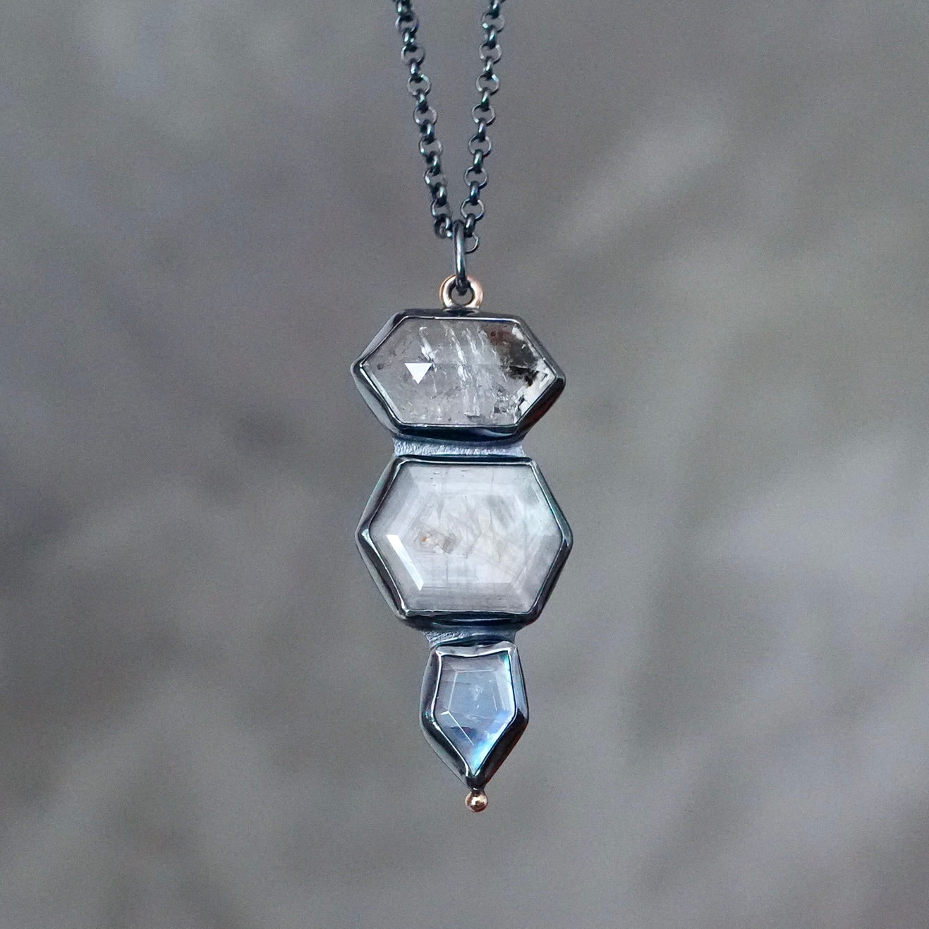 Herkimer diamond, silver sapphire and rainbow moonstone pendant