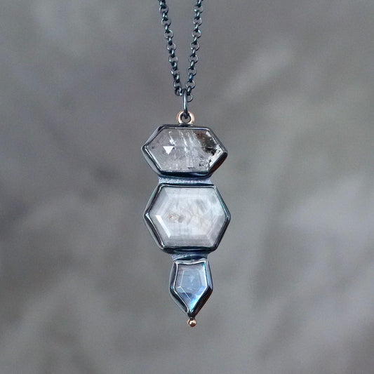 Herkimer diamond, silver sapphire and rainbow moonstone pendant