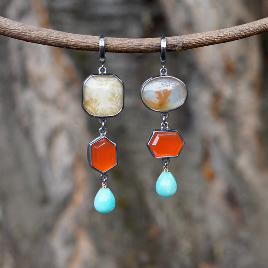 Dendritic agate, carnelian and amazonite earrings