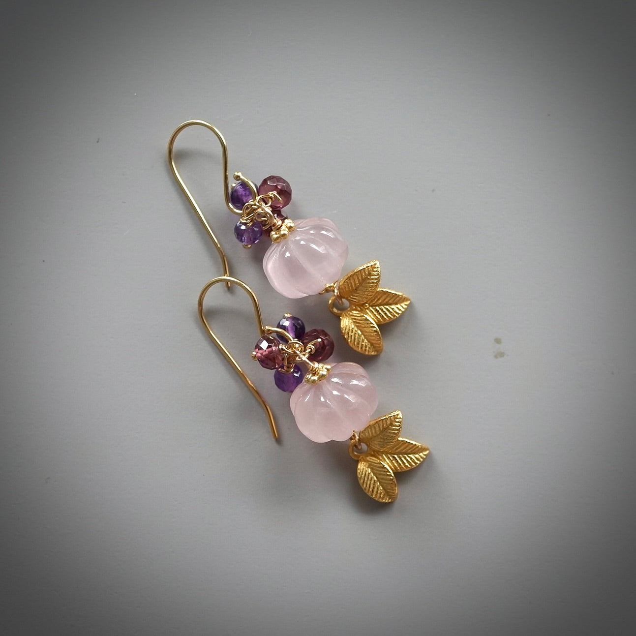 Rose quartz, rhodolite garnet and amethyst earrings