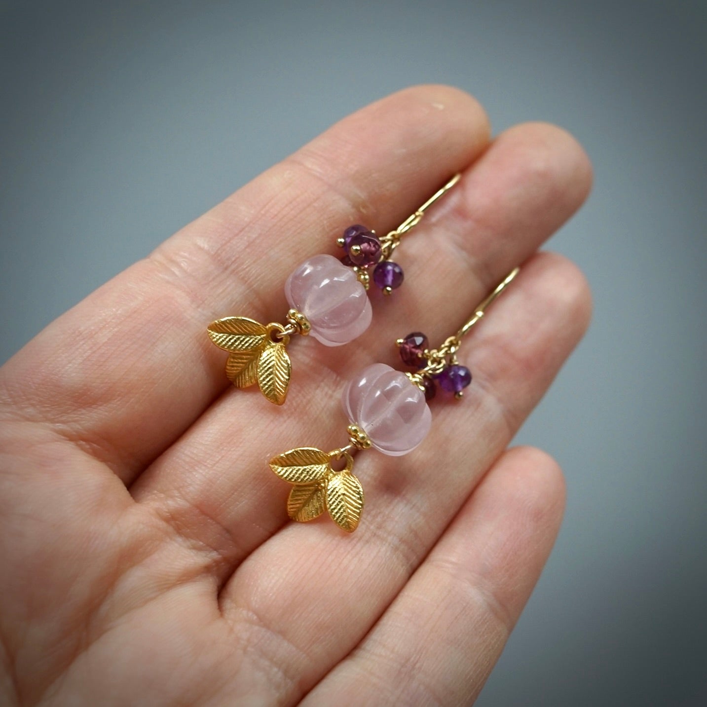 Rose quartz, rhodolite garnet and amethyst earrings