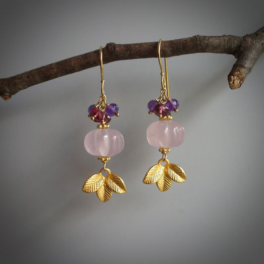 Rose quartz, rhodolite garnet and amethyst earrings