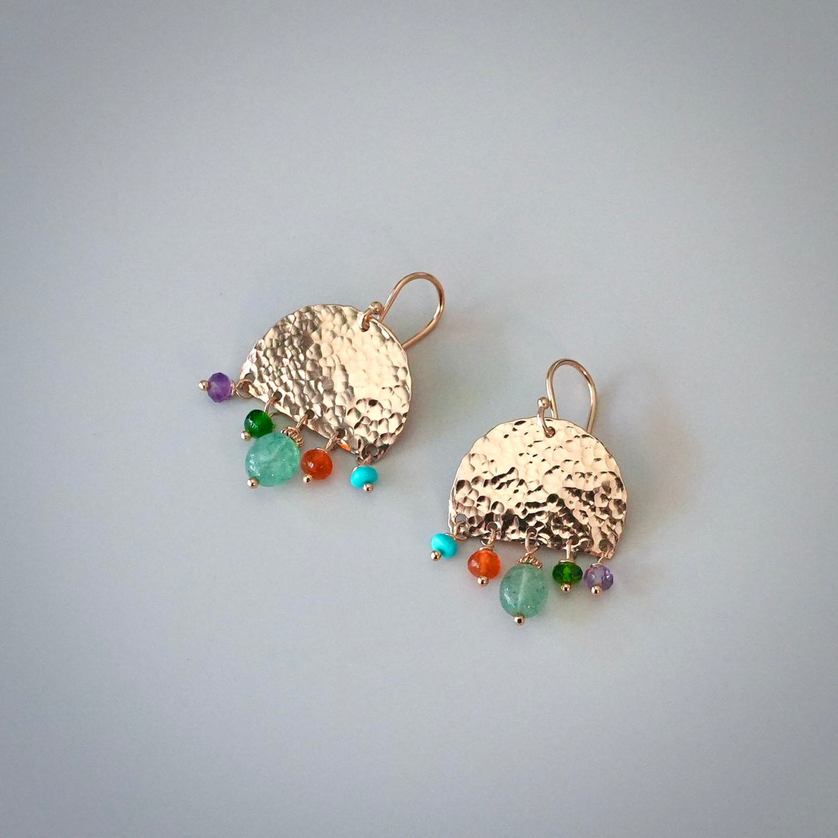Multi-gemstone hammered gold earrings