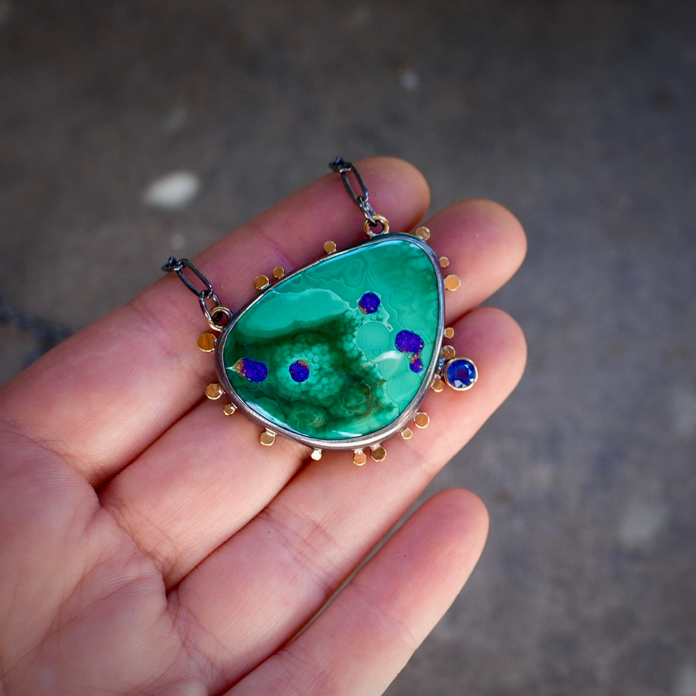Malachite azurite and blue sapphire necklace