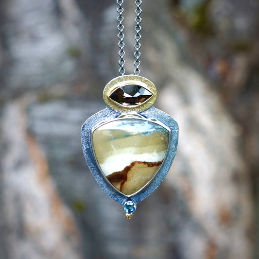Landscape jasper, smokey quartz and London blue topaz pendant