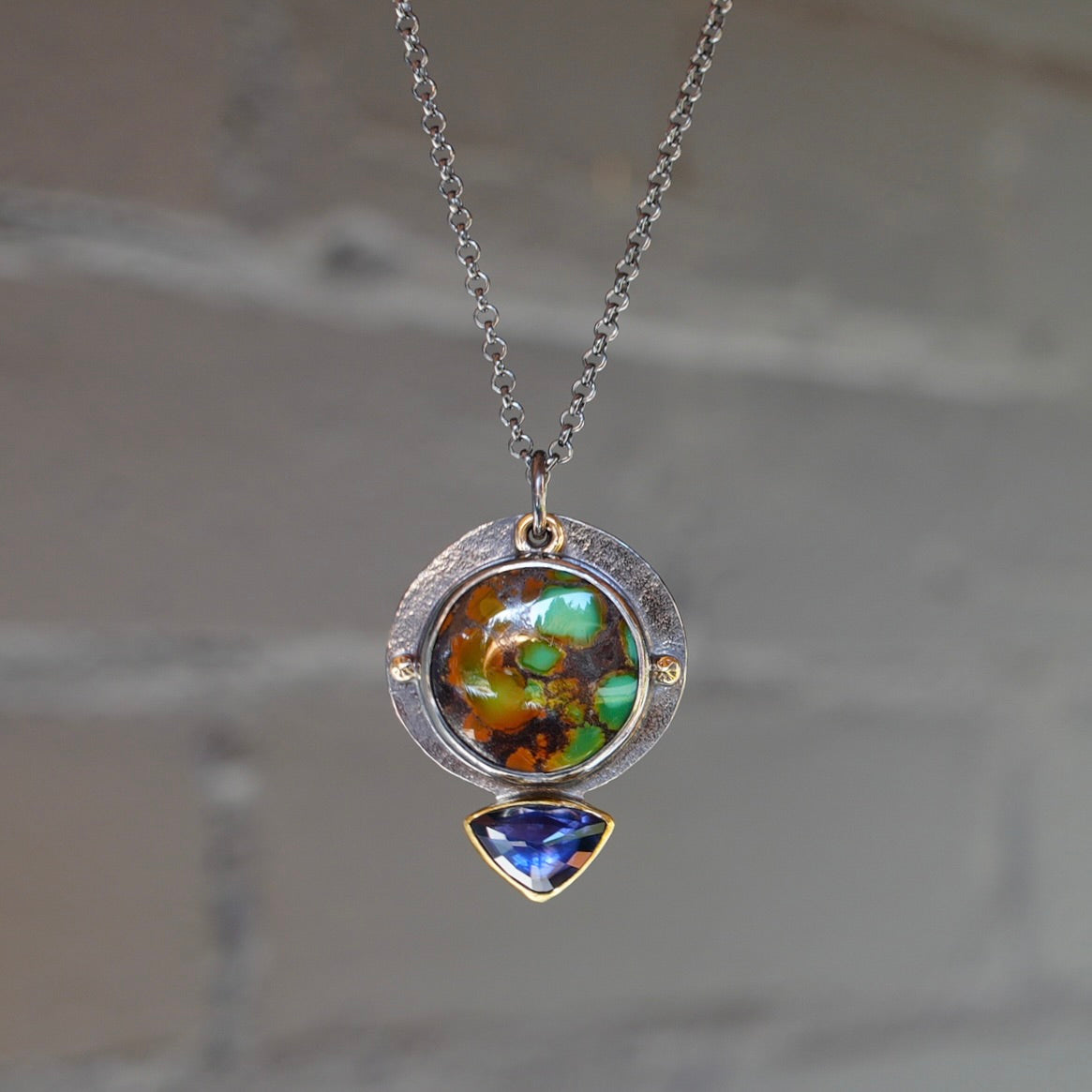 Polychrome Qingu Turquoise and iolite pendant