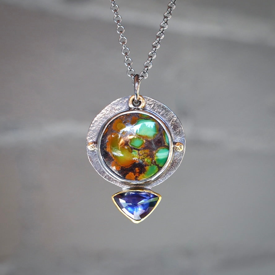 Polychrome Qingu Turquoise and iolite pendant