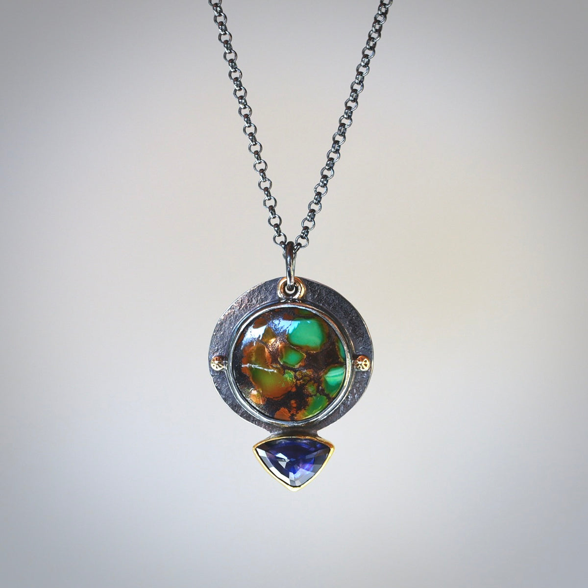 Polychrome Qingu Turquoise and iolite pendant