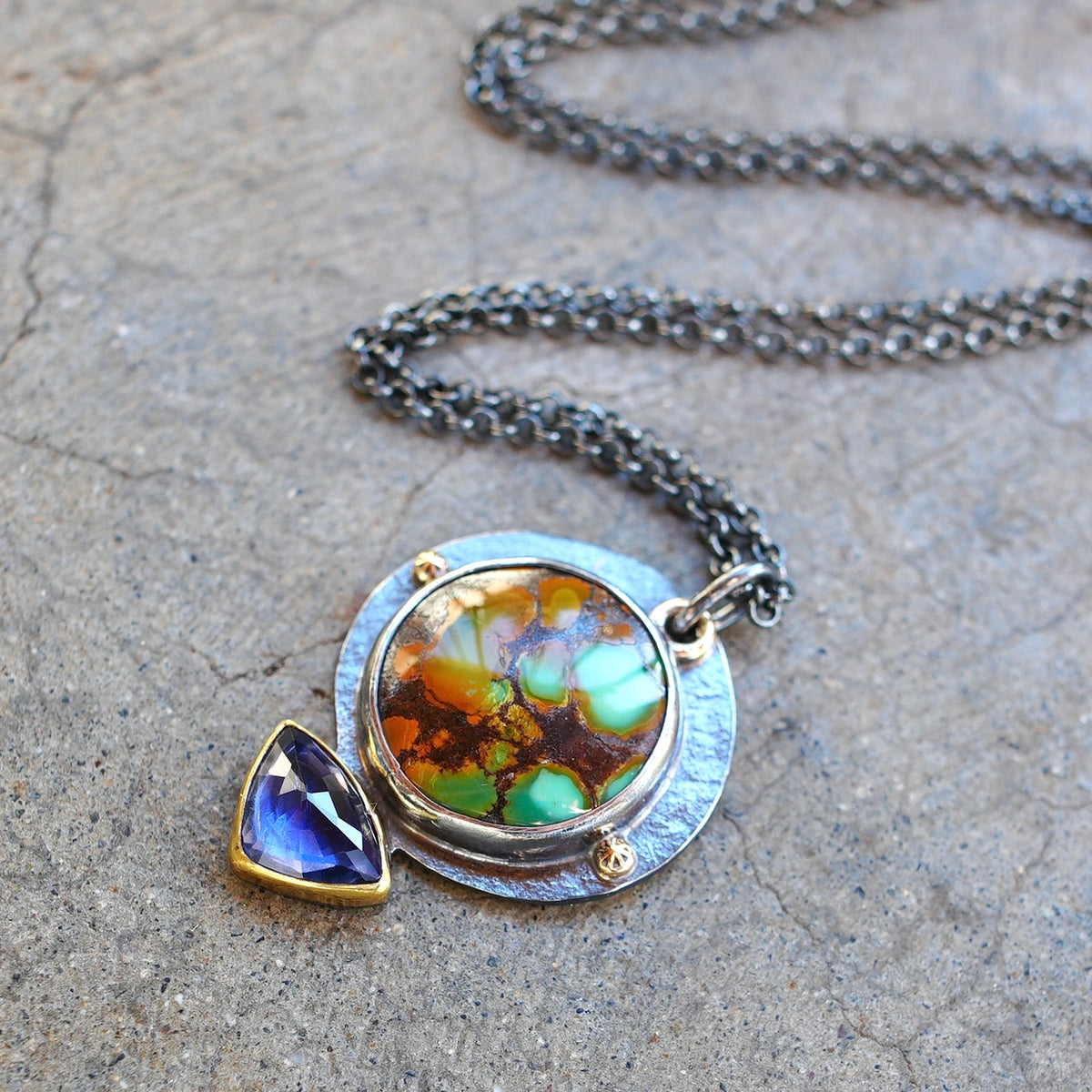 Polychrome Qingu Turquoise and iolite pendant