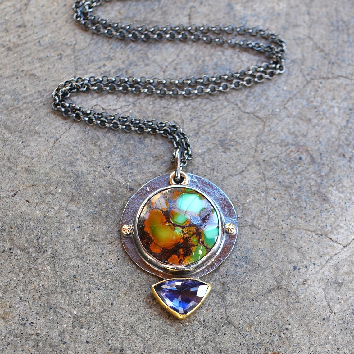Polychrome Qingu Turquoise and iolite pendant