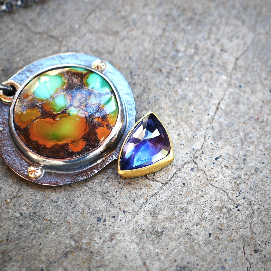 Polychrome Qingu Turquoise and iolite pendant