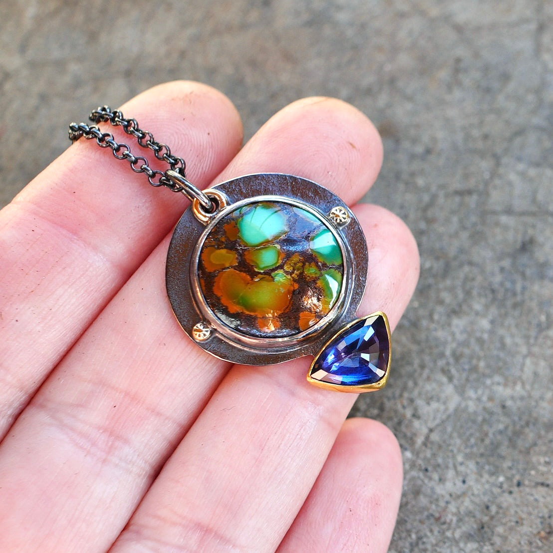 Polychrome Qingu Turquoise and iolite pendant