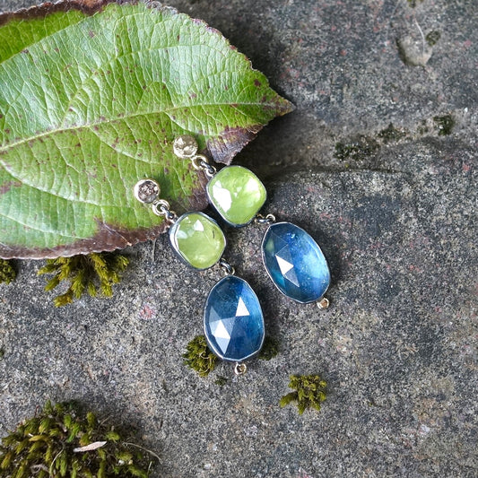 Green sphene and aquamarine earrings