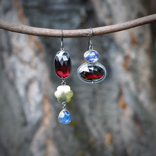 Garnet and tanzanite earrings with gold flower
