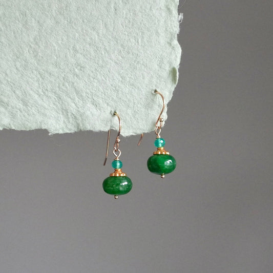 Solid gold emerald earrings with green quartz