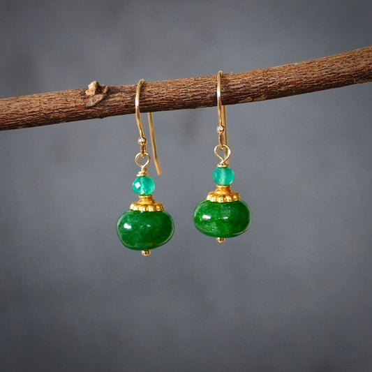 Solid gold emerald earrings with green quartz