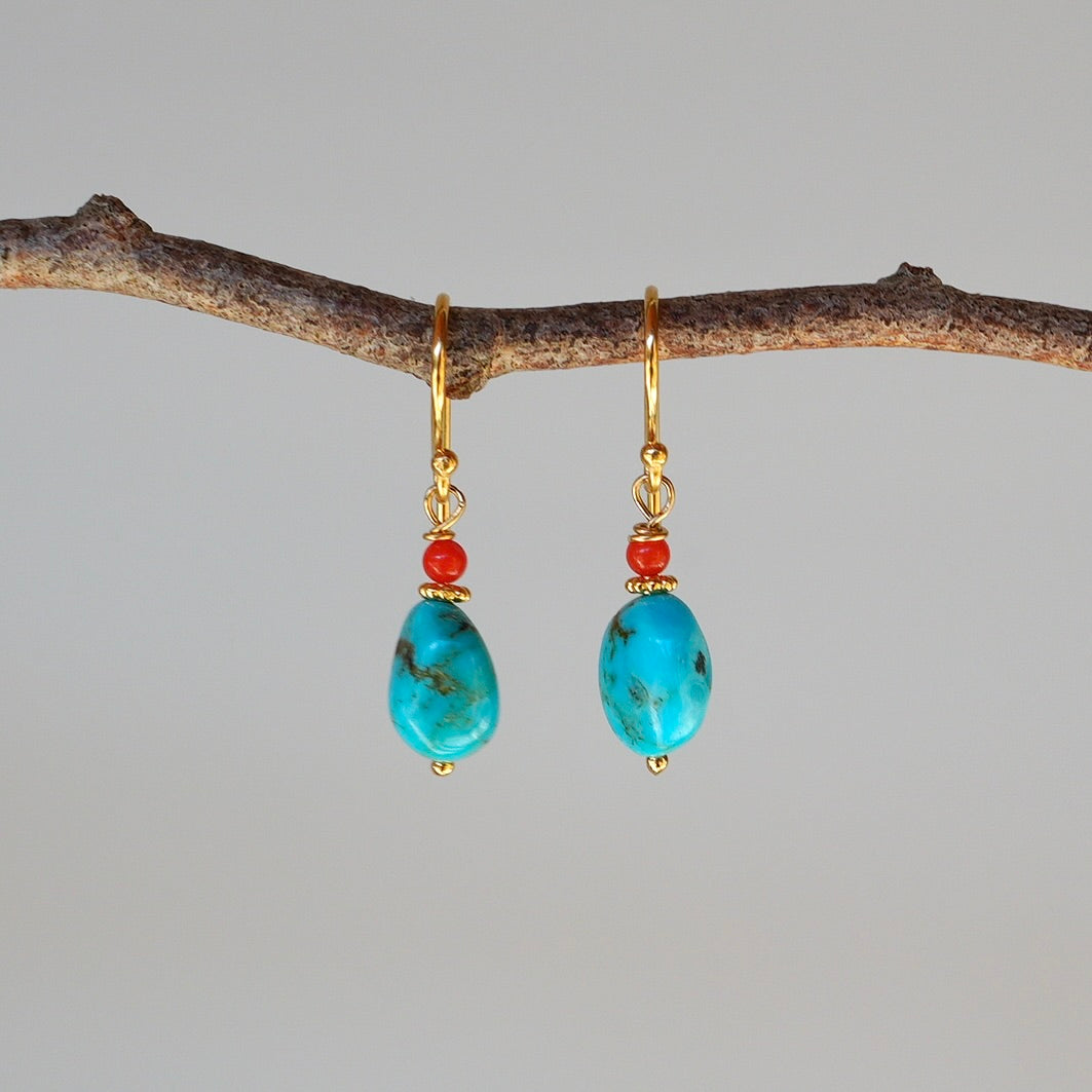 Nevada turquoise nugget earrings with red coral