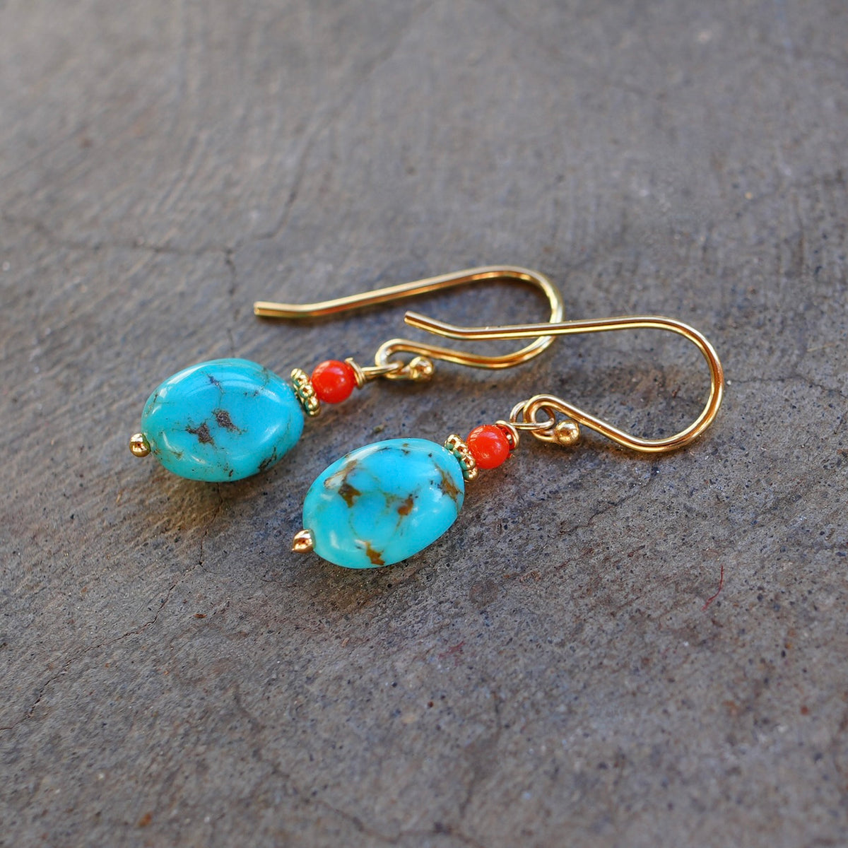 Nevada turquoise nugget earrings with red coral